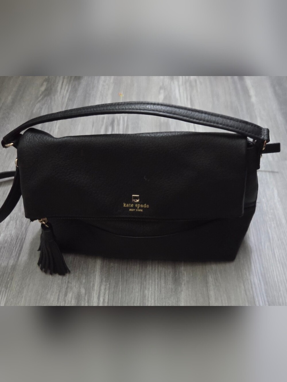 Kate Spade Black Leather Fold-Over Shoulder Bag with Tassel